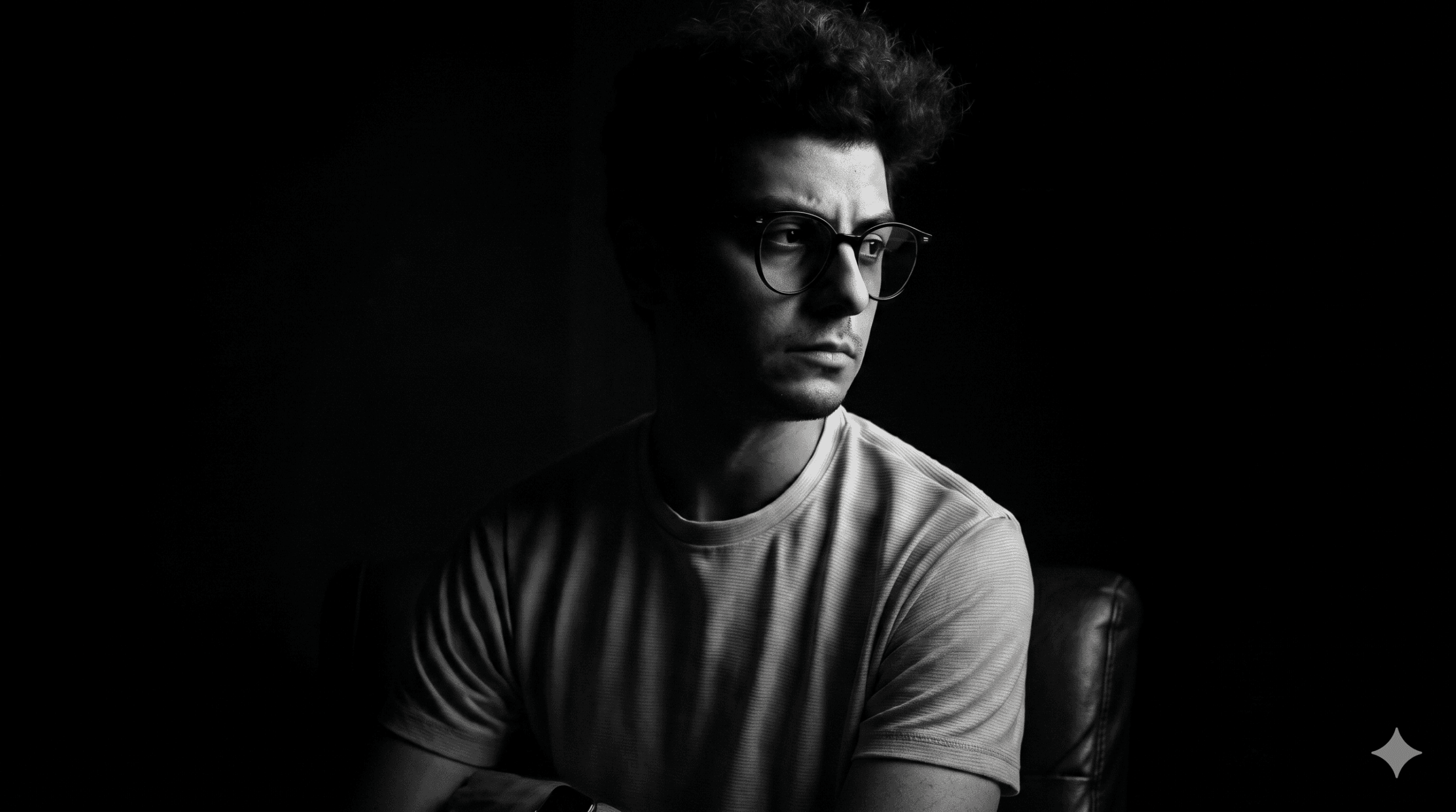 Fady Ehab Amer — a black-and-white studio portrait: glasses, arms crossed, lit from one side in a dark room.
